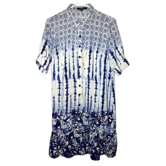 Peter Som Button Up Front Short Sleeve Shirt Dress Blue White Womens Size 8 - Picture 2 of 6